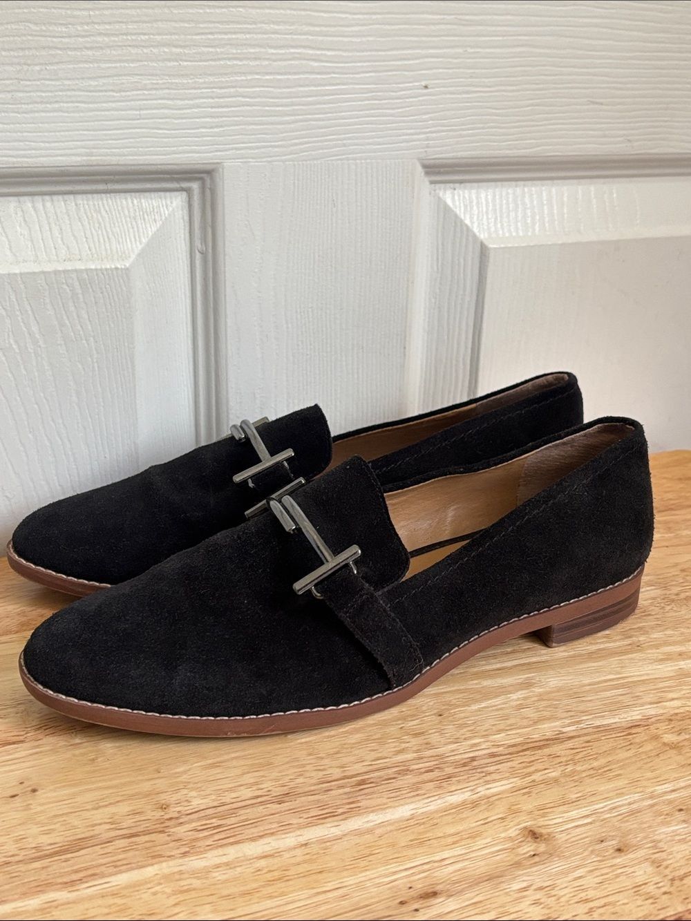 Franco Sarto Harlow Black Suede Leather Slip On Loafers horse bit hardware 8.5
